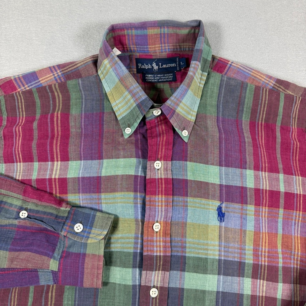 Ralph Lauren Madras Plaid Button Down Shirt Mens Multicolor Large Long Sleeve